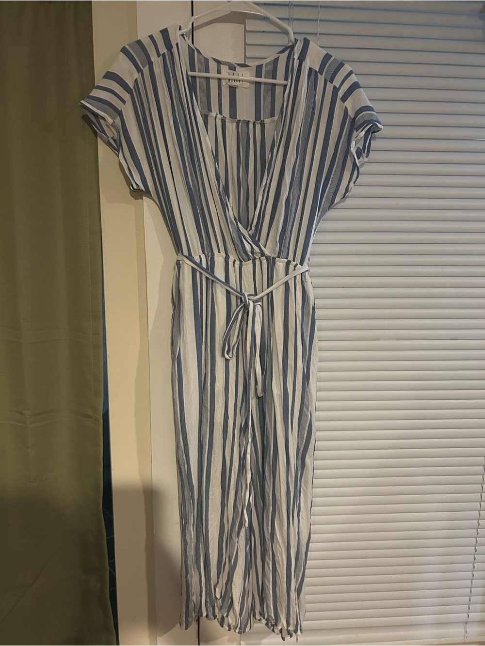 Lost + Wander Striped Blue and White Wrap-Front Jumpsuit